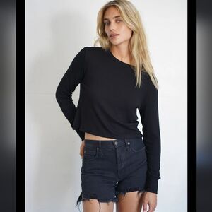 LNA Black Ribbed Long Sleeve Cropped Top Size XL